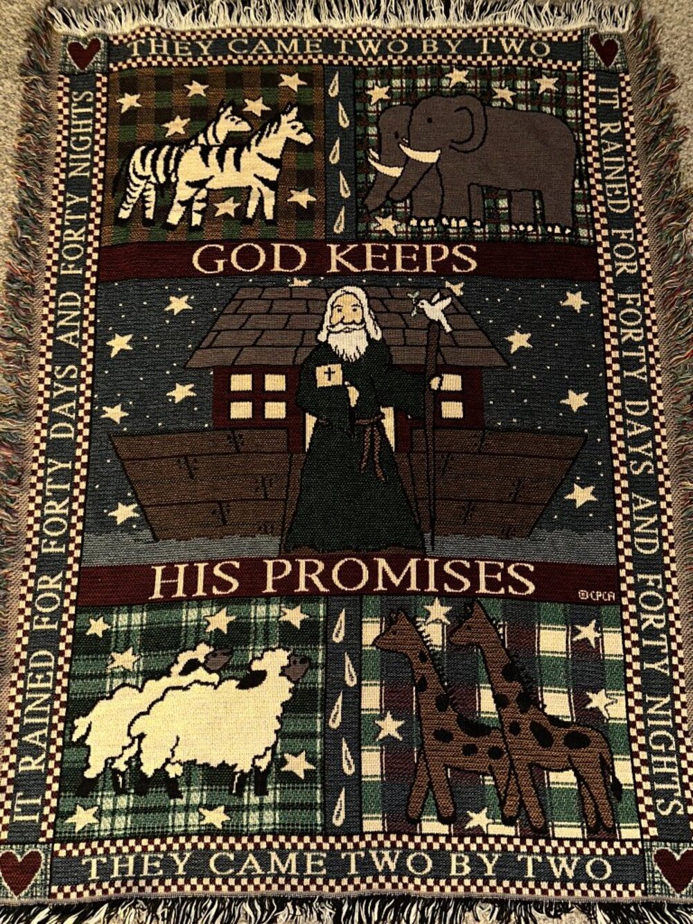 VTG Noah’s Ark God Keeps His Promises Woven Tapestry Throw 45 x 34 Baby Blanket